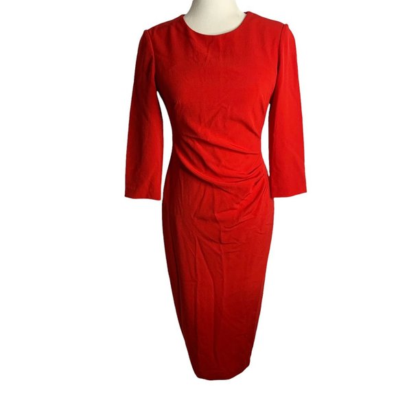 Maggy London Half Sleeve Sheath Dress 4 Red Midi Lined Round Neck Zipper - Picture 1 of 8